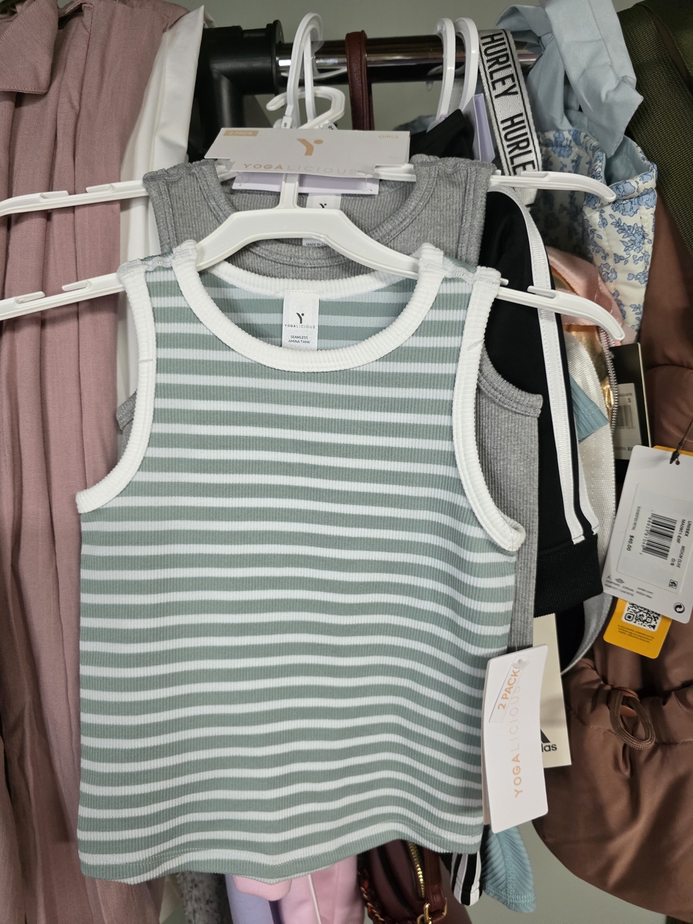Yogalicious Gray And Mint Green & White Striped Ribbed Tank Top